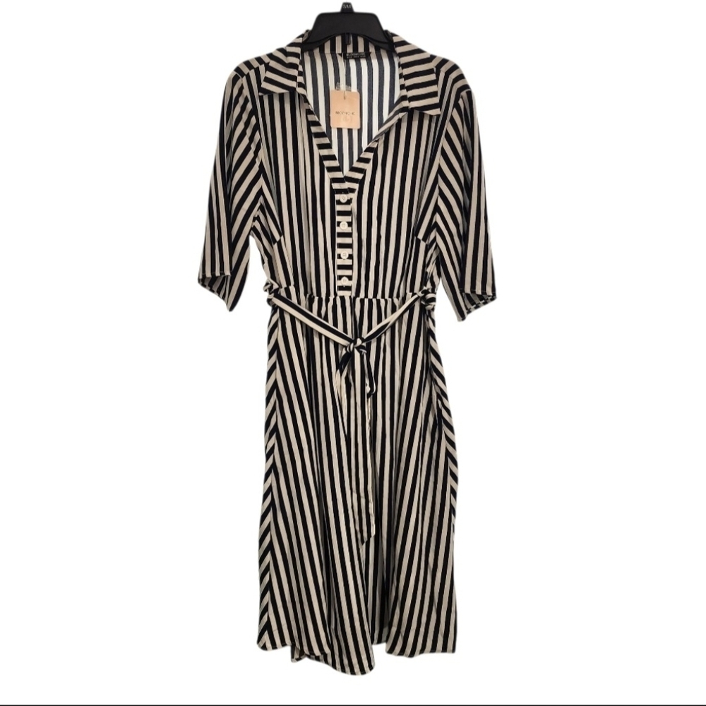 BloomChic Black and Cream Striped Midi Shirt Dress